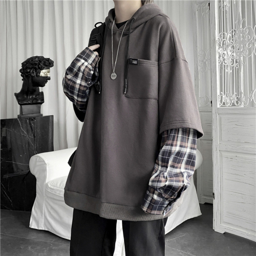 Fake two-piece Korean style loose lazy style pullover top autumn new casual trendy hooded sweatshirt