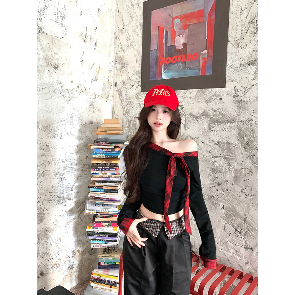 Vintage-style plaid off-shoulder patchwork adjustable waist women's top for a slimmer fit