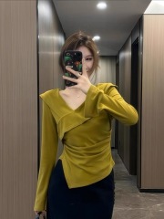 Large size French pure desire V-neck long-sleeved autumn and winter fat mm waist slimming double-sided velvet thickened warm bottoming shirt