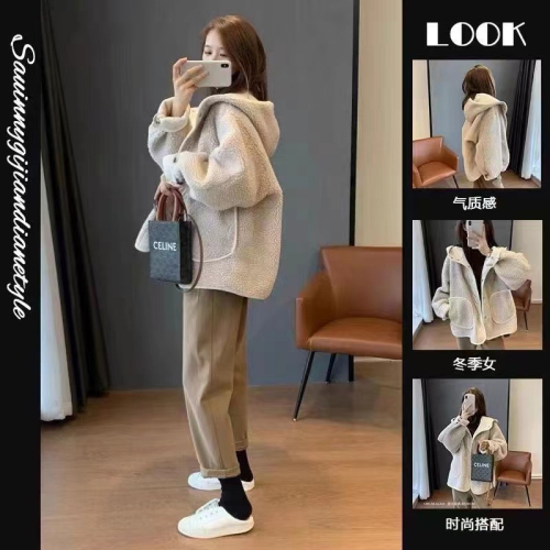 2024 hooded simple casual fashion cardigan little man top autumn and winter new plush sherpa jacket