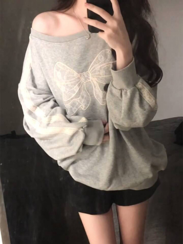 Pure cotton Chinese cotton lazy style slanted shoulder lace bow gray sweatshirt for women