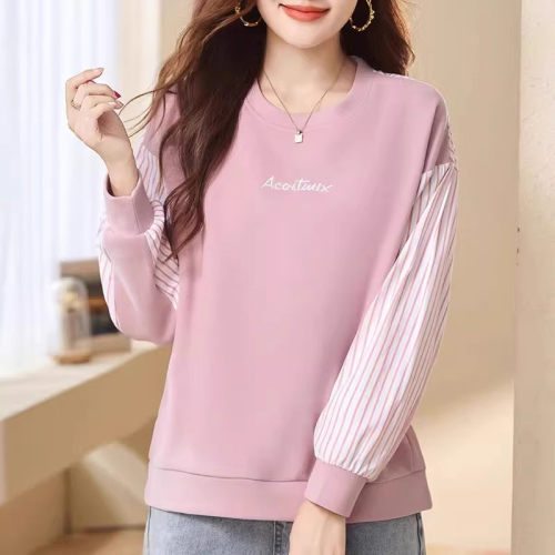 Original workmanship pink round neck sweatshirt for women 2024 new autumn coat splicing loose pullover top