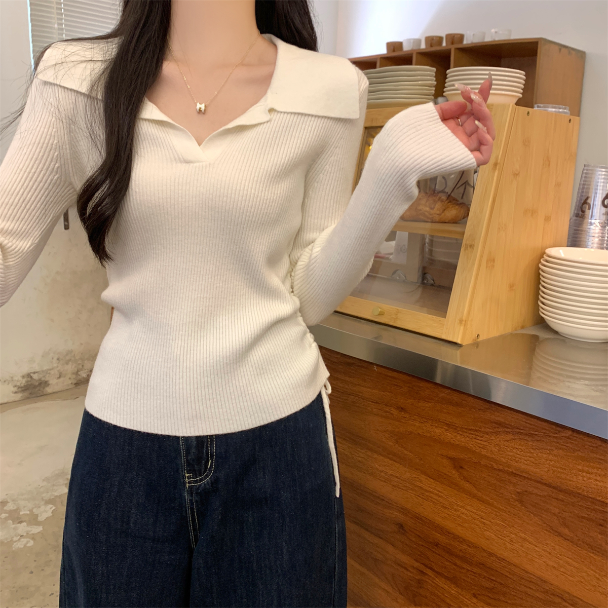 Real shot of autumn and winter Korean style polo collar drawstring design versatile Andy velvet sweater with long-sleeved sweater inside