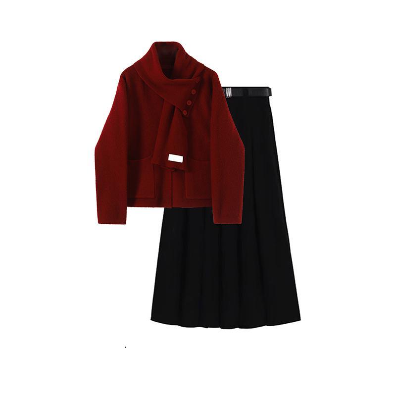 Autumn and winter outfits, a complete set of women's high-end fashion New Year's red sweater, high-waisted skirt, two-piece set for slimming