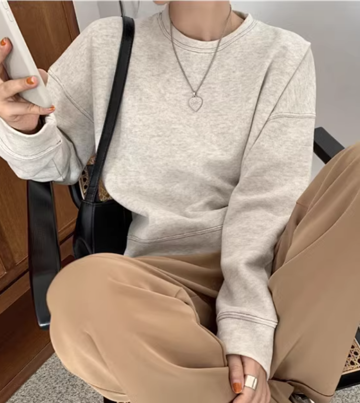 100% cotton surface Chinese cotton 320g/420g spring and autumn 2024 new solid color slim short round neck pullover sweatshirt for women