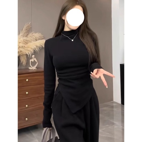 Large size pure desire plus velvet half turtleneck inner top autumn and winter high-end temperament irregular bottoming shirt long-sleeved T-shirt