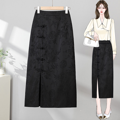 Large size black improved new Chinese style buckle hip skirt retro jacquard high waist slim skirt for women