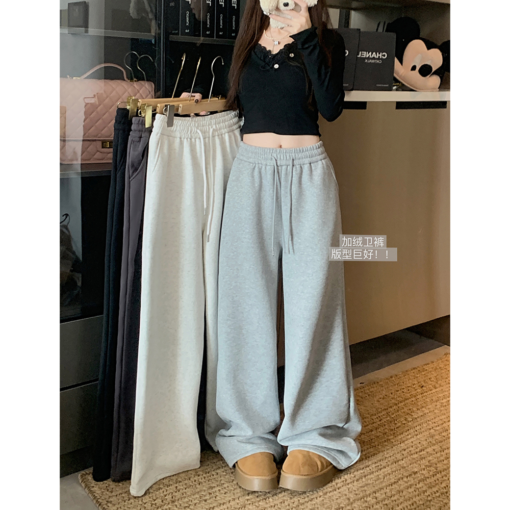 Real shot!  2024 casual sweatpants with velvet elastic waist slimming straight loose wide leg pants for women