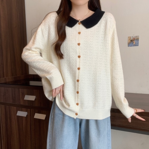 Plus size autumn new style fat mm covers the flesh, looks slim and high-end, doll collar long-sleeved sweater jacket top