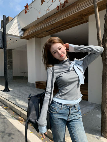 Actual shot of bow-tie inner wear and outer wear autumn and winter slim fit contrasting color splicing fake two-piece long-sleeved T-shirt for women