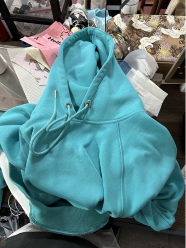 Lake blue hooded pullover sweatshirt for women autumn and winter plus velvet 2024 new style hidden pocket loose little top