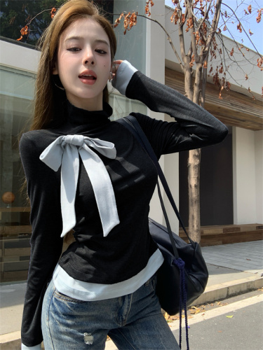 Actual shot of bow-tie inner wear and outer wear autumn and winter slim fit contrasting color splicing fake two-piece long-sleeved T-shirt for women