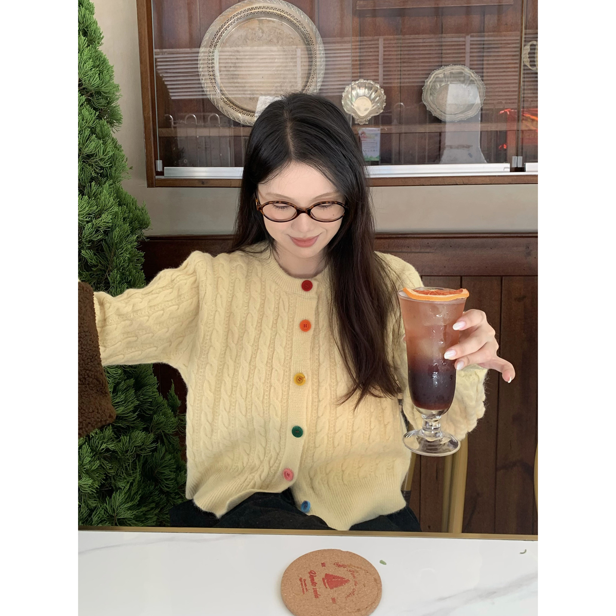 Actual shot of autumn and winter Korean style loose rainbow button twist arctic velvet sweater long-sleeved sweater jacket top