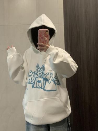 Heavyweight hoodie cordless plus velvet thickened sweatshirt for women autumn and winter oversize loose cartoon hooded jacket trendy top