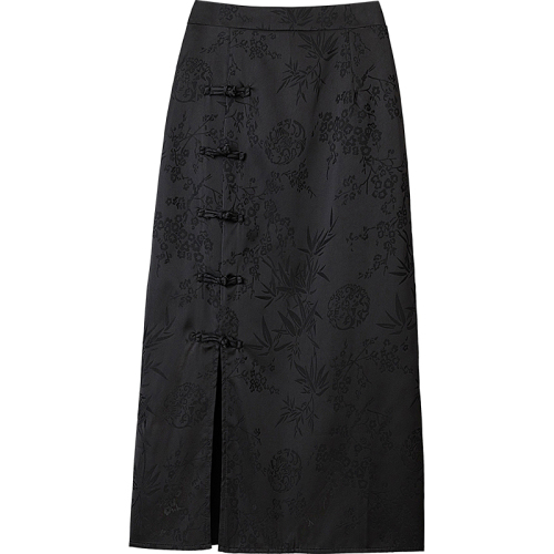 Large size black improved new Chinese style buckle hip skirt retro jacquard high waist slim skirt for women