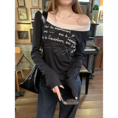 Real shot of autumn and winter Korean style temperament contrasting letter print fake two-piece design with long-sleeved T-shirt top