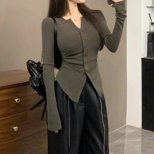 Long-sleeved slim-fitting long-sleeved slim-fitting bottoming shirt for hot girls, irregular niche, autumn temperament, high waist and versatile