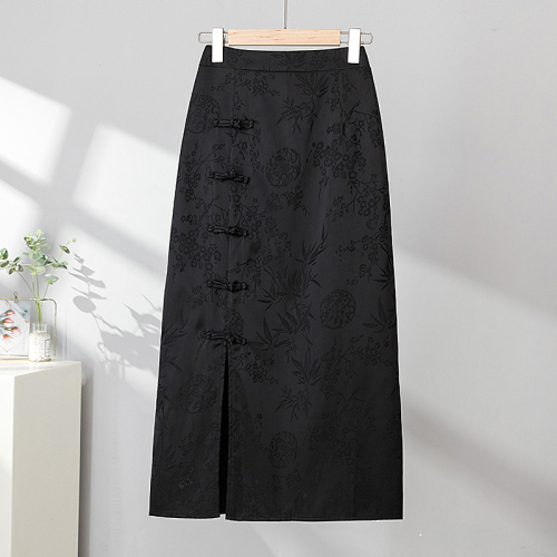 Large size black improved new Chinese style buckle hip skirt retro jacquard high waist slim skirt for women