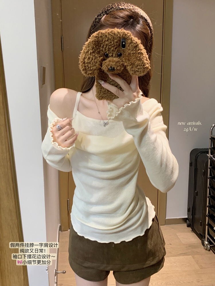 Gentle breeze sweet design sense niche two-piece long-sleeved knitted women's early autumn red slimming top