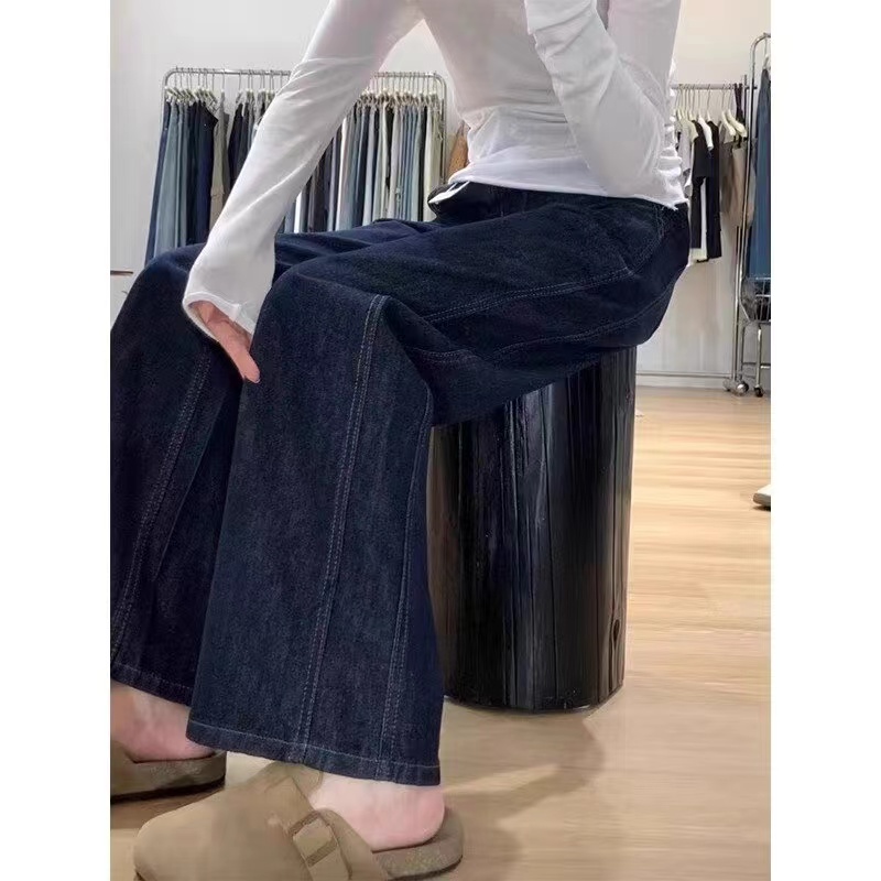 Autumn/Winter Retro Loose Floor-Length High-Waisted Plus Size Deep Blue Micro-Angle Wide Leg Pants Women