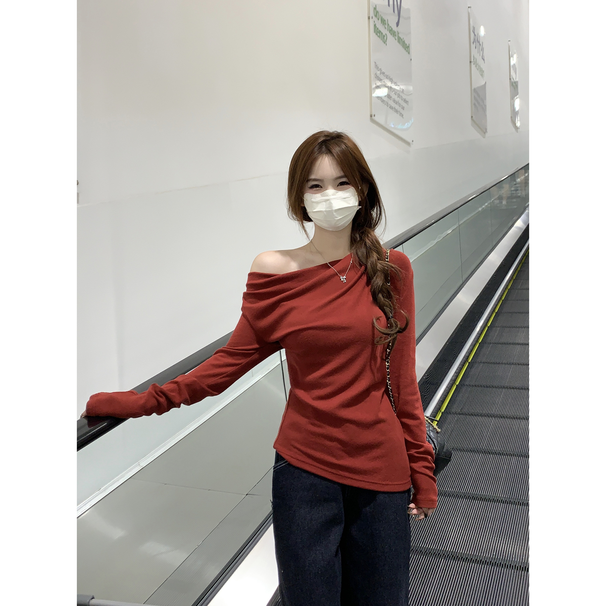 Actual shot of autumn and winter Korean style swing collar pure desire slimming versatile cashmere inner long-sleeved bottoming top T-shirt for women