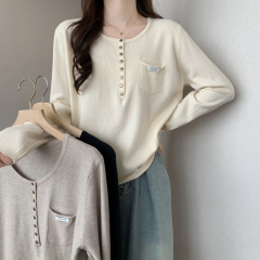 2024 Autumn New Large Size Fat MM Retro Design Loose Casual Versatile Pocket Bottoming Shirt Top