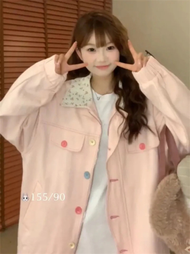 Good quality trendy brand irregular design color block lapel pink jacket women's loose niche couple casual jacket