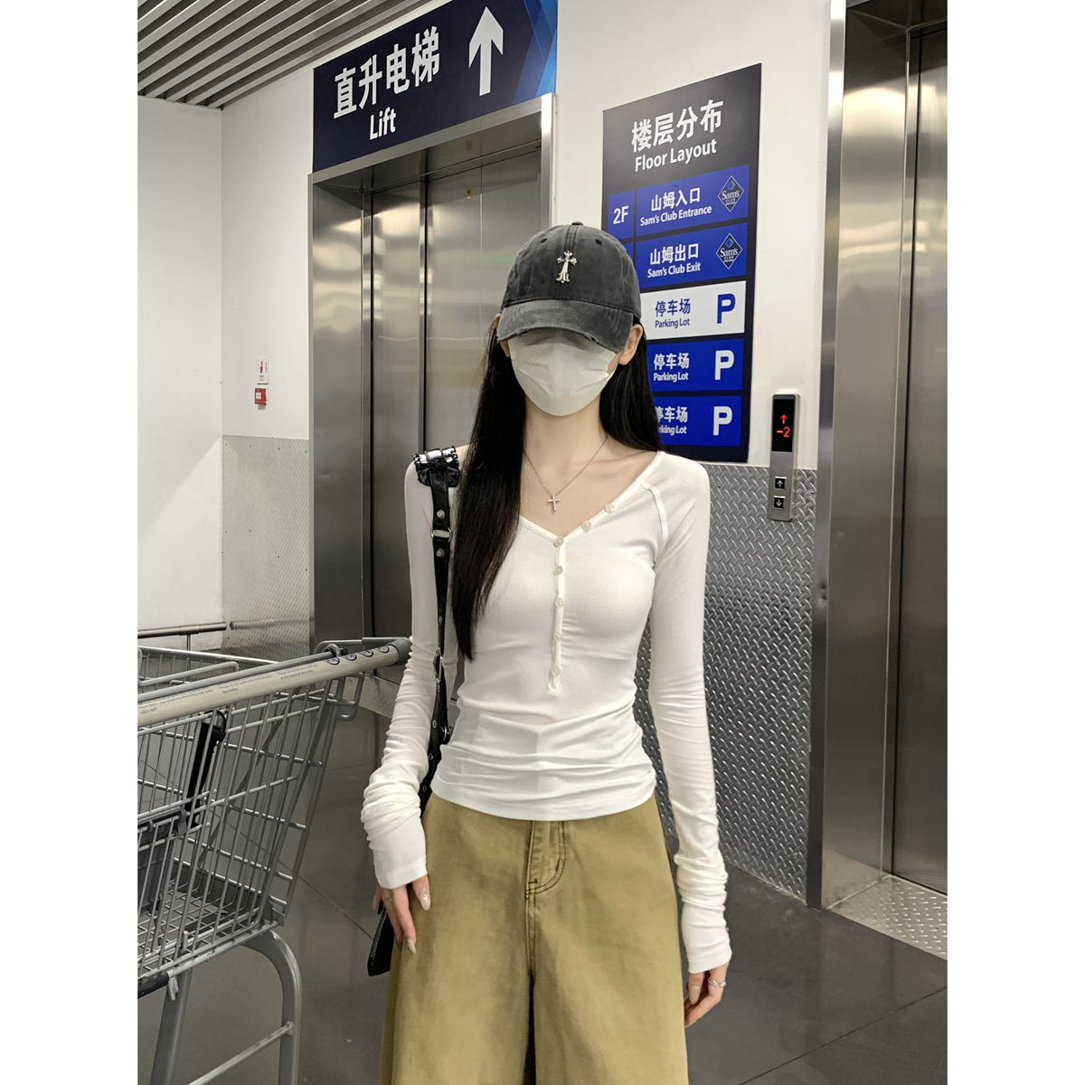 Real shot of autumn and winter Korean version v-neck button raglan design versatile long-sleeved bottoming shirt T-shirt inner top for women