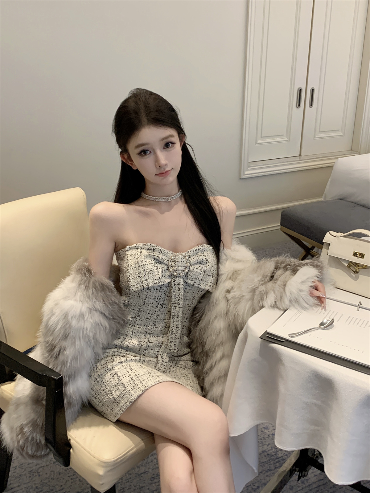 實拍 法式小香風蝴蝶結抹胸連衣裙