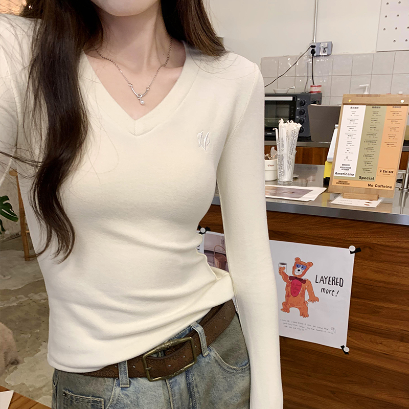 Actual photo embroidery niche long-sleeved bottoming shirt for women in autumn and winter new white brushed hottie age-reducing t-shirt