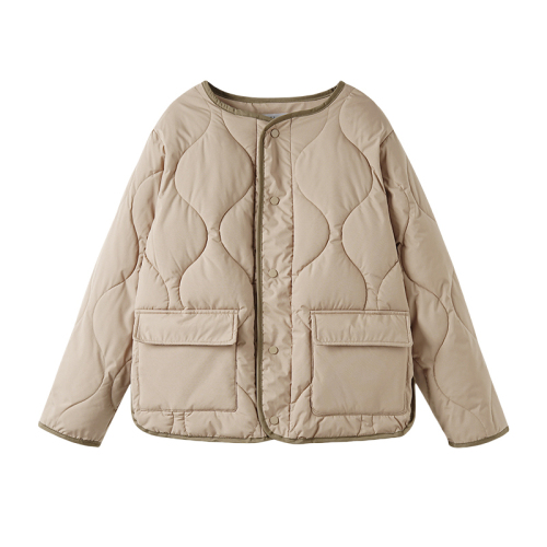 Real shot of small fragrant style stitching collarless rhombus down jacket for women in winter, super nice short round neck cotton jacket