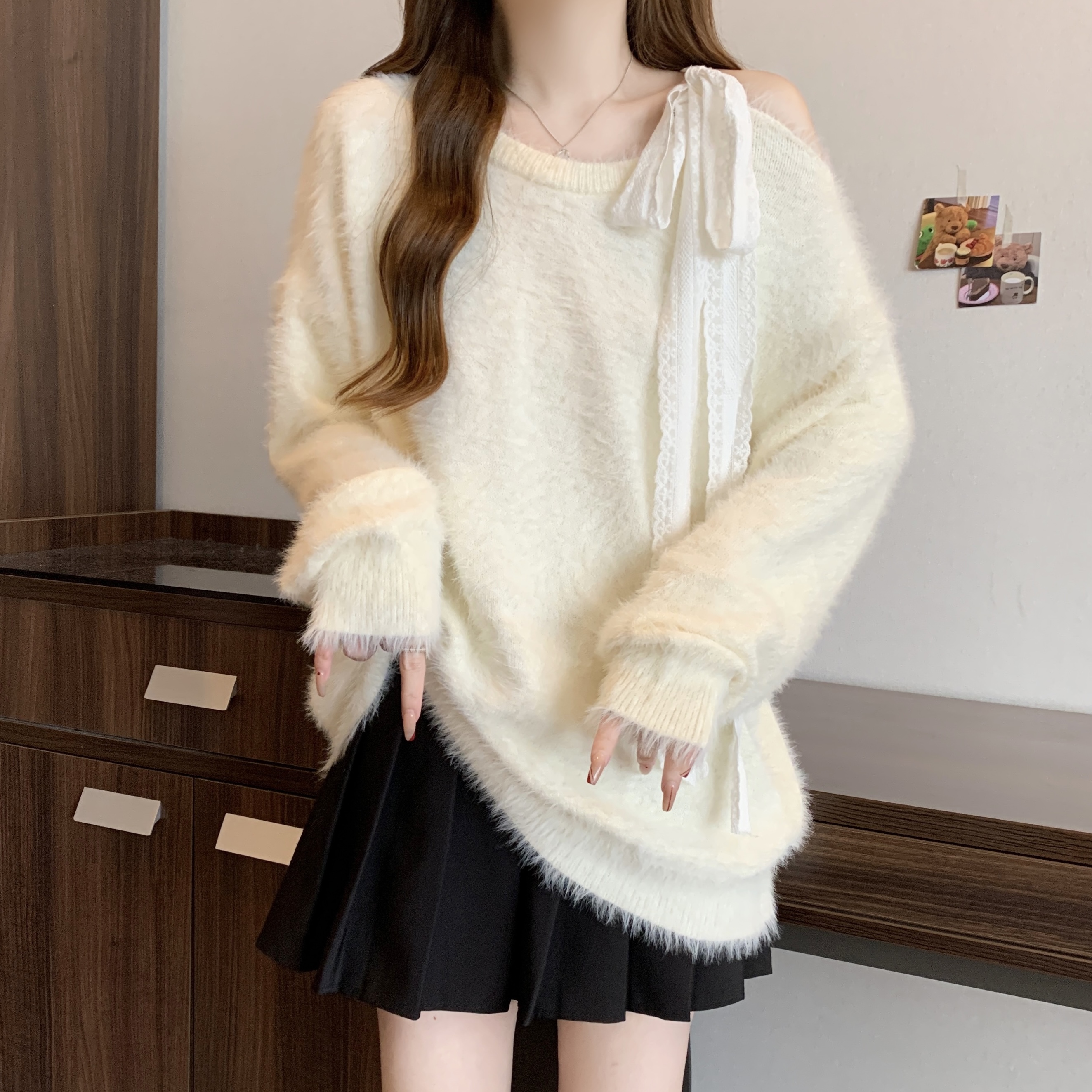 Real shot of plus size Korean lady pure desire slanted shoulders furry bow straps loose sweater top for women