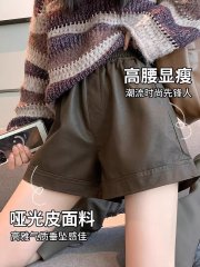 S-XL秋冬韓系啞光皮短褲 抗皺高腰闊腿短褲皮褲(2色)-凱西娃娃
