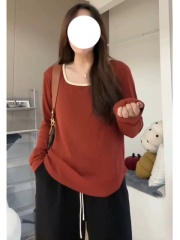 Plus size women's square collar color matching bottoming shirt autumn new fat mm brushed double-sided velvet loose belly-covering long-sleeved T-shirt