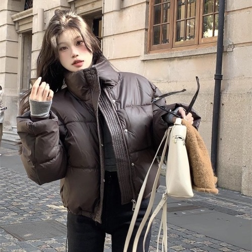 Original method of retro stand-up collar long-sleeved PU leather cotton coat winter loose warm bread coat short cotton coat