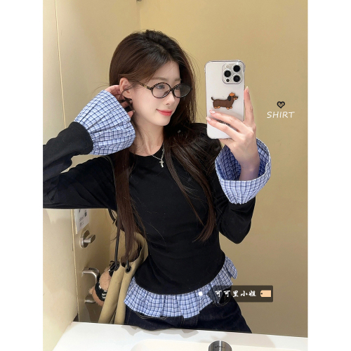 Fake two-piece plaid splicing long-sleeved T-shirt for women 2024 autumn new design slim slim niche bottoming shirt