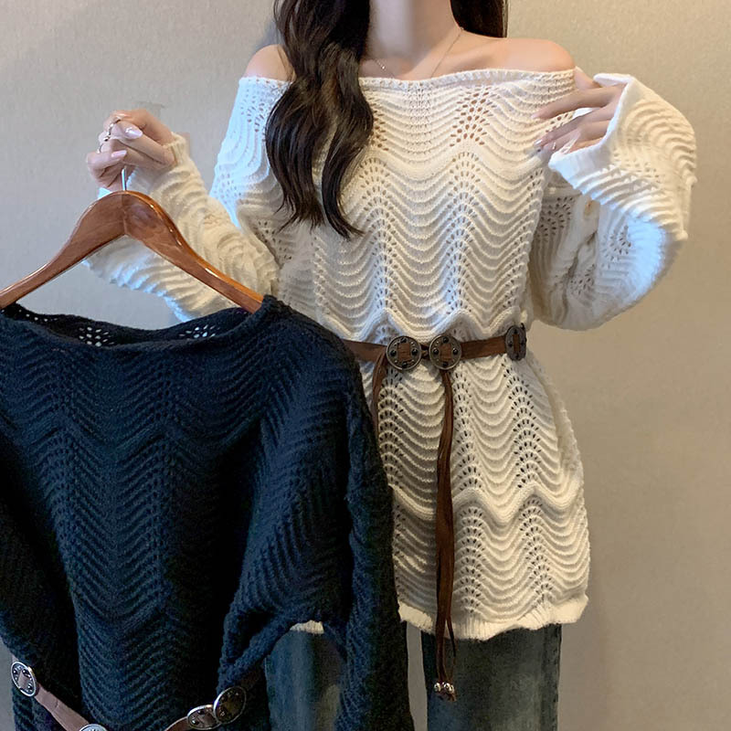 Large size irregular crocheted hollow sweater for obese women, fashionable age-reducing belt, waist slimming and chic sweater
