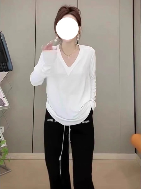 Large size solid color casual V-neck long-sleeved T-shirt European station 2024 early autumn new fashion thin bottoming shirt top
