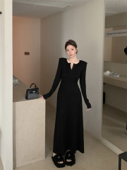 實拍 修身半開領針織連衣裙女長袖收腰內搭裙法式氣質a字長裙