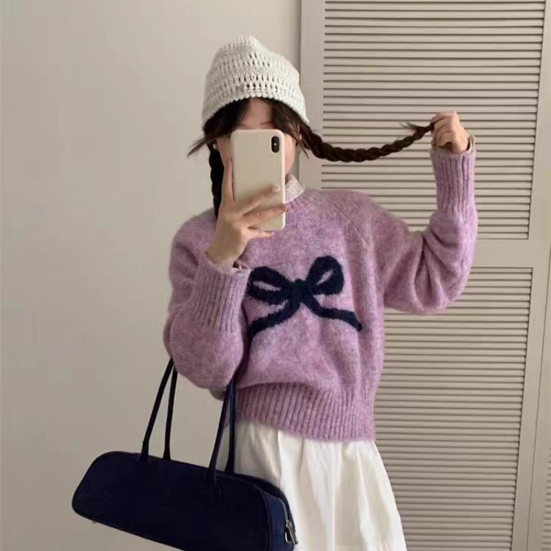 Cashmere cute bow round neck pullover sweater for women autumn new loose inner short sweater top