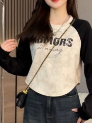 Large size American retro contrast raglan sleeve women's autumn clothing new thickened short pullover round neck loose long-sleeved sweatshirt