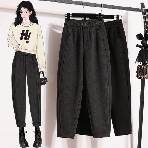 Large size women's pants, high-end sickle pants, loose and slimming, MM autumn and winter suit woolen pants, nine-point banana pants