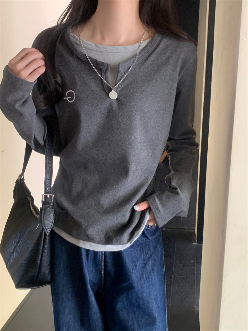 實拍 真 秋冬新款長袖t恤女假兩件打底衫上衣女