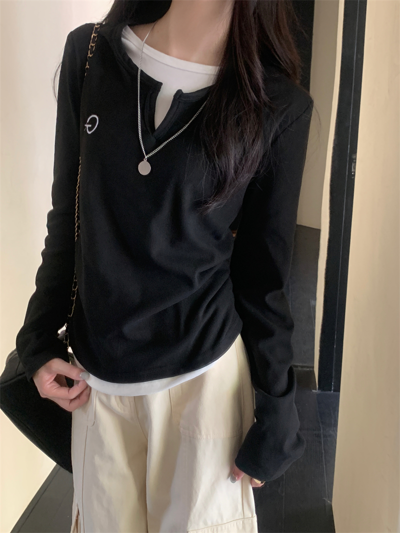 實拍 真 秋冬新款長袖t恤女假兩件打底衫上衣女