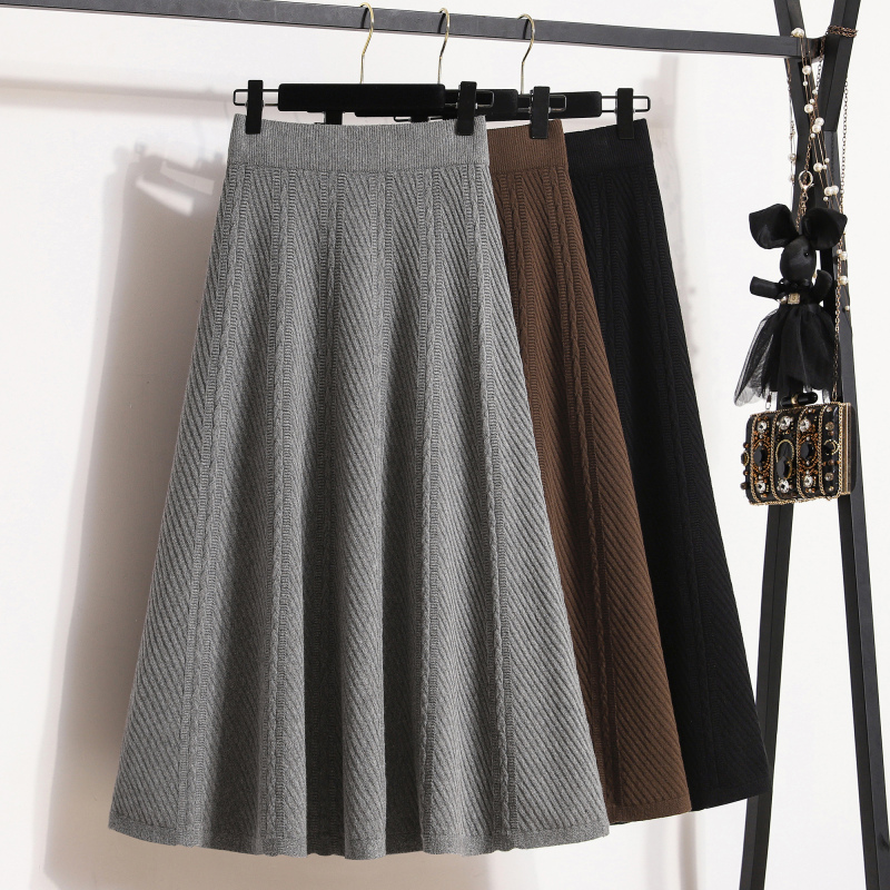 Plus size women's autumn and winter fat mm fashionable and versatile high-waisted loose slim knitted skirt A-line large hem skirt