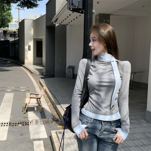 Actual shot of bow-tie inner wear and outer wear autumn and winter slim fit contrasting color splicing fake two-piece long-sleeved T-shirt for women