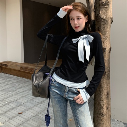 Actual shot of bow-tie inner wear and outer wear autumn and winter slim fit contrasting color splicing fake two-piece long-sleeved T-shirt for women