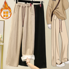 實拍冬款加絨加厚大碼闊腿褲胖MM開叉彈力女長褲直筒窄版香蕉褲