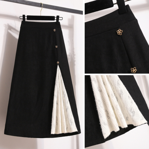 Large size 2024 black skirt for women new design stitching high waist slimming a-line skirt