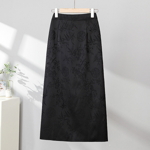 Large size black improved new Chinese style buckle hip skirt retro jacquard high waist slim skirt for women